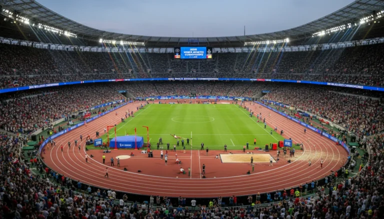 Athletes competing in a vibrant stadium at the 2026 World Athletics Championships, showcasing the excitement and scale of the event.