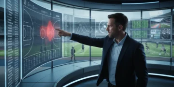 Coach analyzing advanced sports analytics data on multiple screens