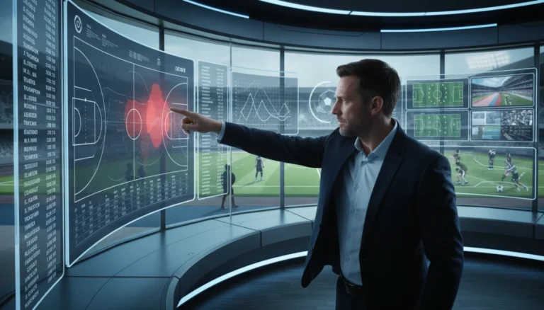 Coach analyzing advanced sports analytics data on multiple screens