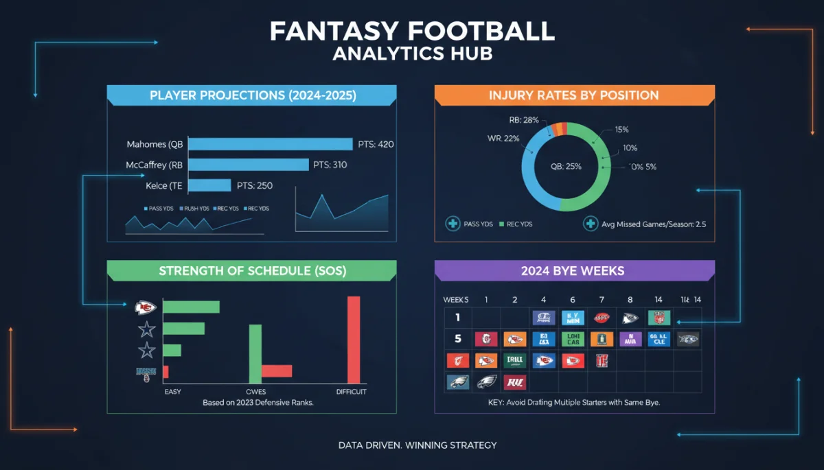 Infographic displaying key fantasy football metrics like player projections and injury rates for strategic drafting.