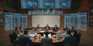 People engaged in a fantasy football draft, using laptops and draft boards for strategic player selection, with data overlays.