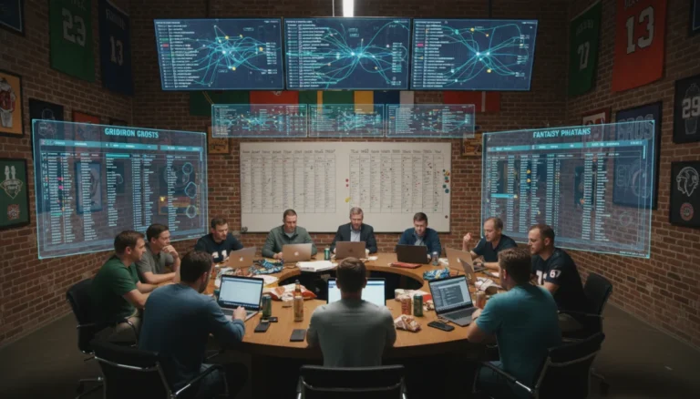 People engaged in a fantasy football draft, using laptops and draft boards for strategic player selection, with data overlays.