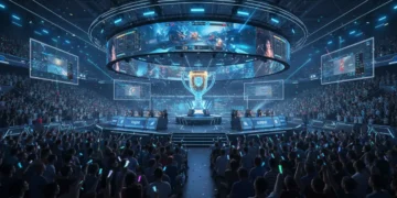 Futuristic esports arena with cheering fans and digital displays in 2026