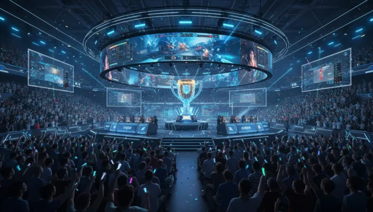 Futuristic esports arena with cheering fans and digital displays in 2026