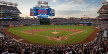 MLB stadium with scoreboard showing game clock and speed-up initiatives