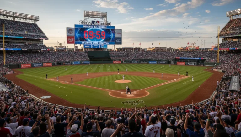MLB stadium with scoreboard showing game clock and speed-up initiatives