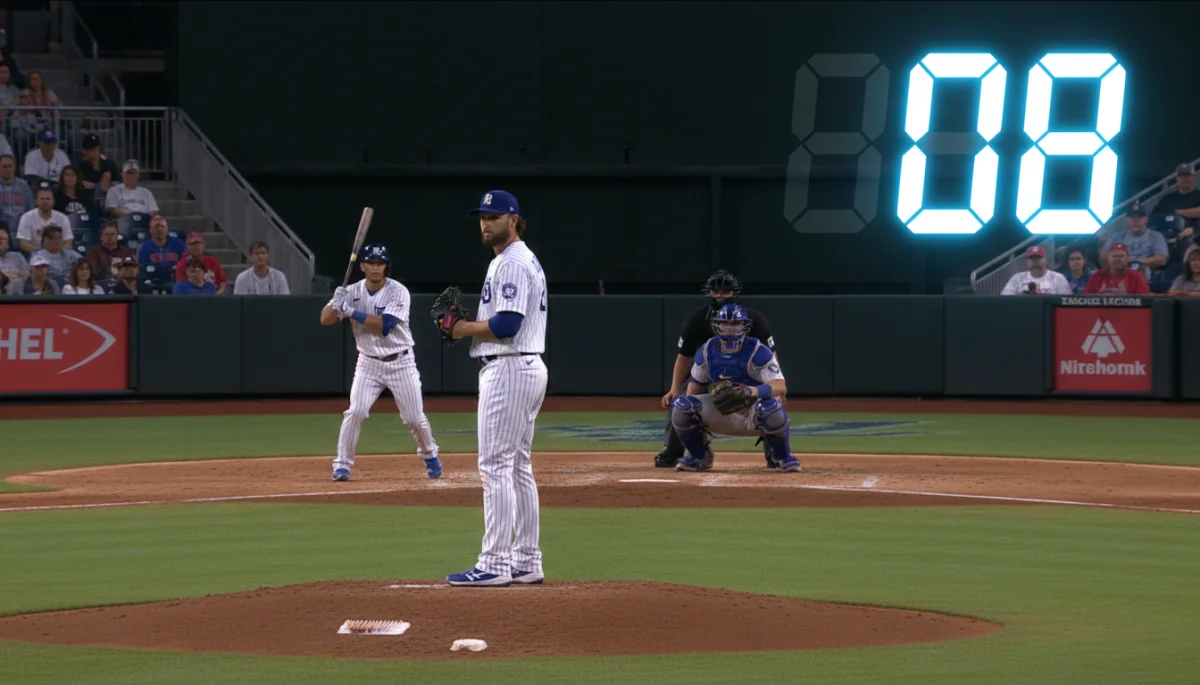Pitcher on mound with pitch clock overlay affecting game pace