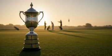 Ryder Cup trophy gleaming on a golf course with players in the distance