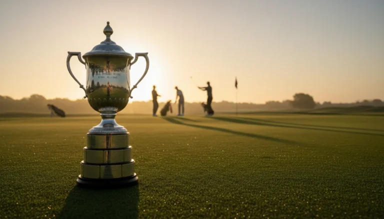Ryder Cup trophy gleaming on a golf course with players in the distance