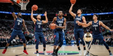 Team USA basketball players in action, representing the 2026 FIBA World Cup ambitions.