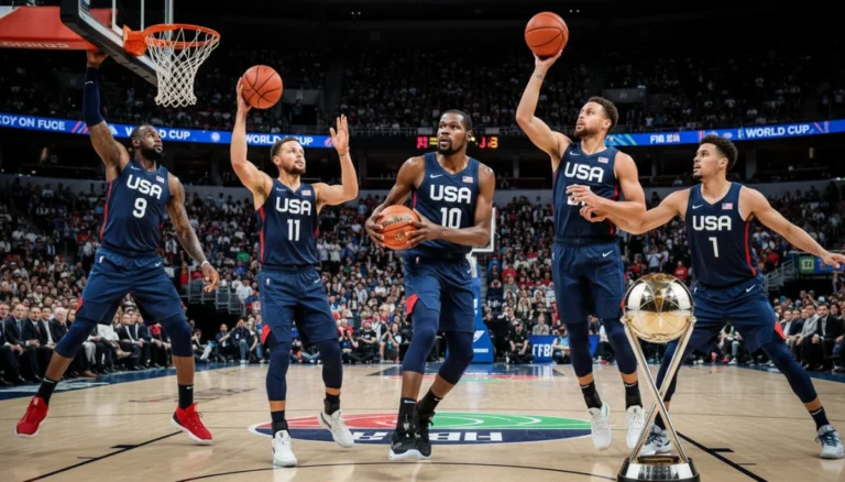 Team USA basketball players in action, representing the 2026 FIBA World Cup ambitions.