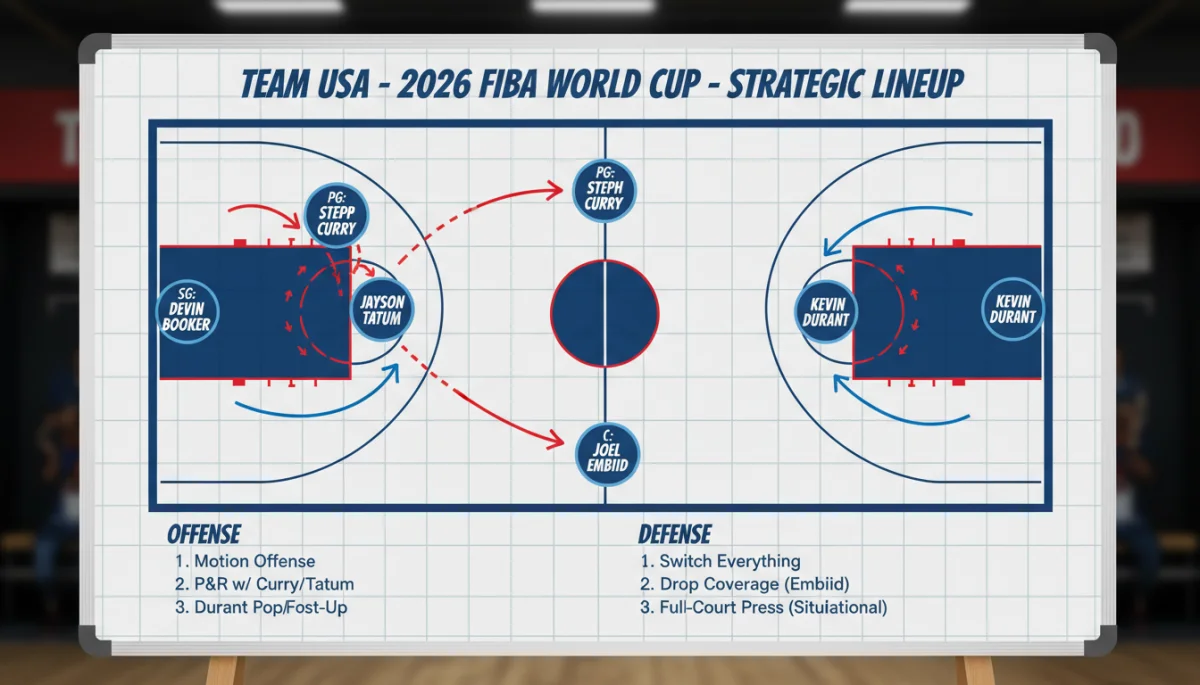 Diagram of potential Team USA lineup and strategic plays for the 2026 FIBA World Cup.