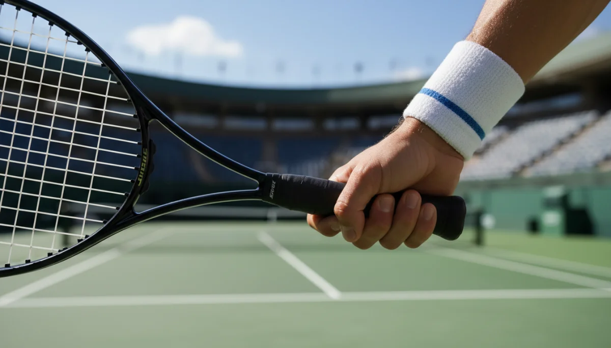 Tennis player gripping racket with focus before a match