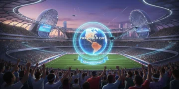 Futuristic stadium with 2026 World Cup logo and global representation