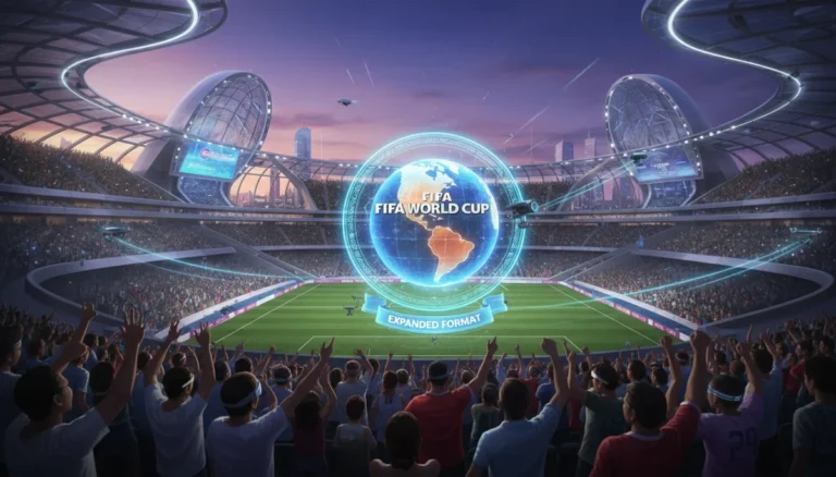 Futuristic stadium with 2026 World Cup logo and global representation
