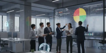 Business team analyzing tactical risk management strategies for 2026 in the US