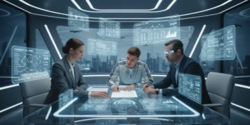 Football agent discussing transfer contract with player and club official
