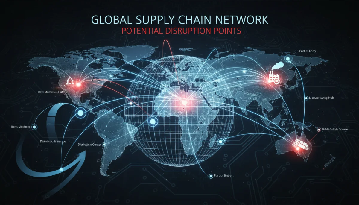 Complex global supply chain network with highlighted risk areas