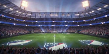 Modern soccer stadium with MLS branding, symbolizing league expansion
