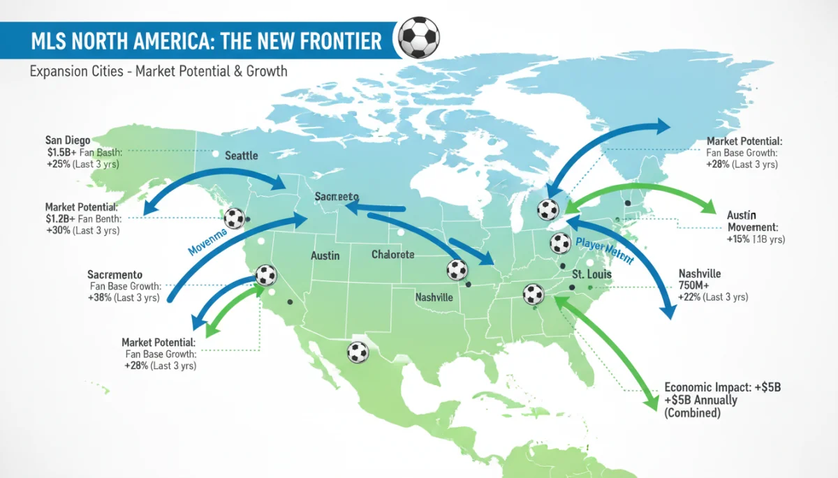 Infographic of MLS expansion cities, market potential, and fan growth