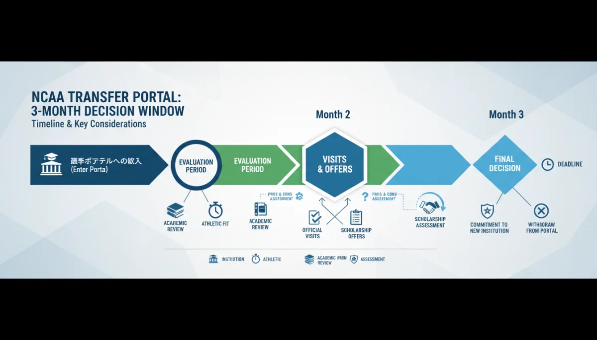 Timeline graphic of NCAA Transfer Portal 3-month window, showing key decision points for athletes.