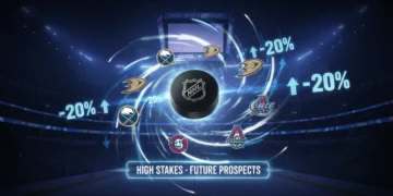 Dynamic NHL Draft Lottery illustration with swirling team logos and numbers, highlighting the 2026 odds changes.