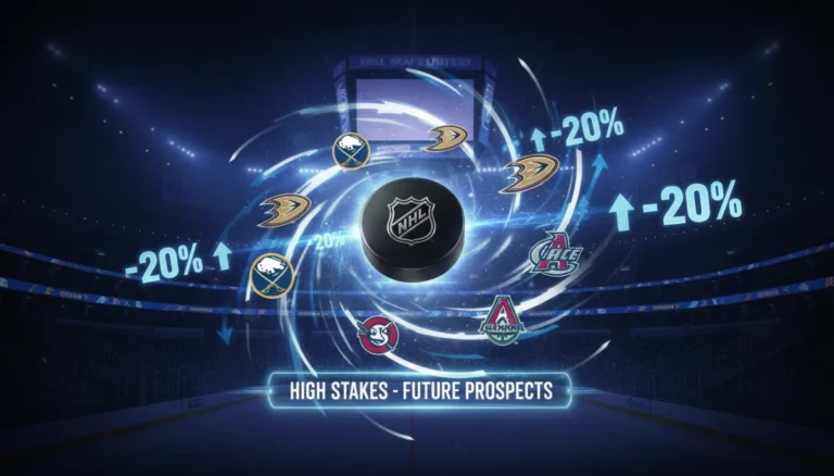 Dynamic NHL Draft Lottery illustration with swirling team logos and numbers, highlighting the 2026 odds changes.