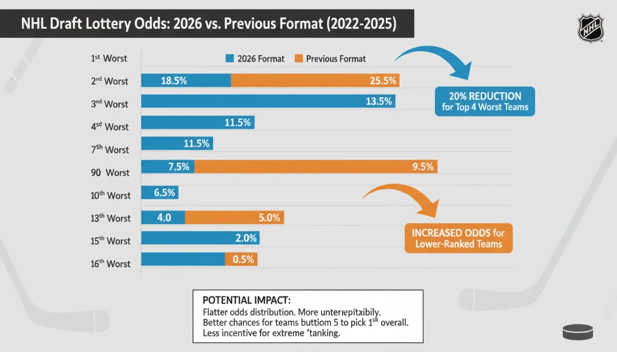 Comparison graphic illustrating the 2026 NHL Draft Lottery odds changes and their impact on team chances.