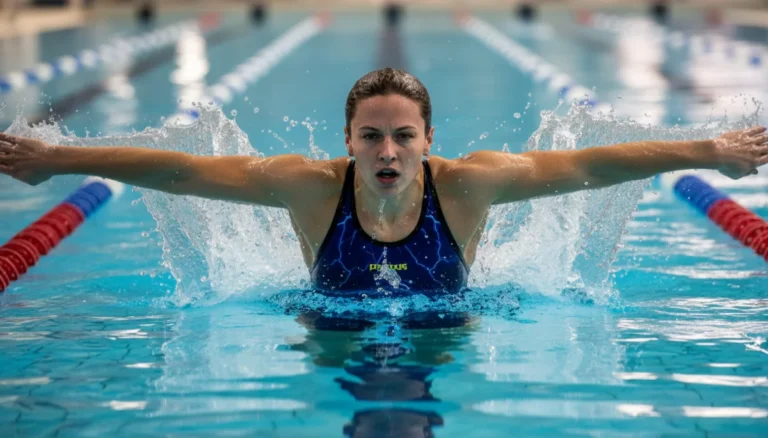 Female swimmer in intense training for Olympic trials, pushing off pool wall