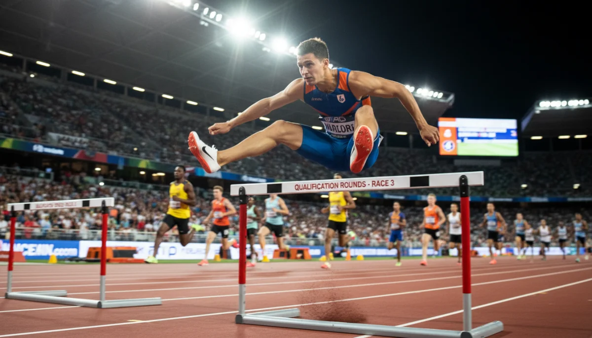 Track athlete clearing a hurdle during a competitive Olympic trial event