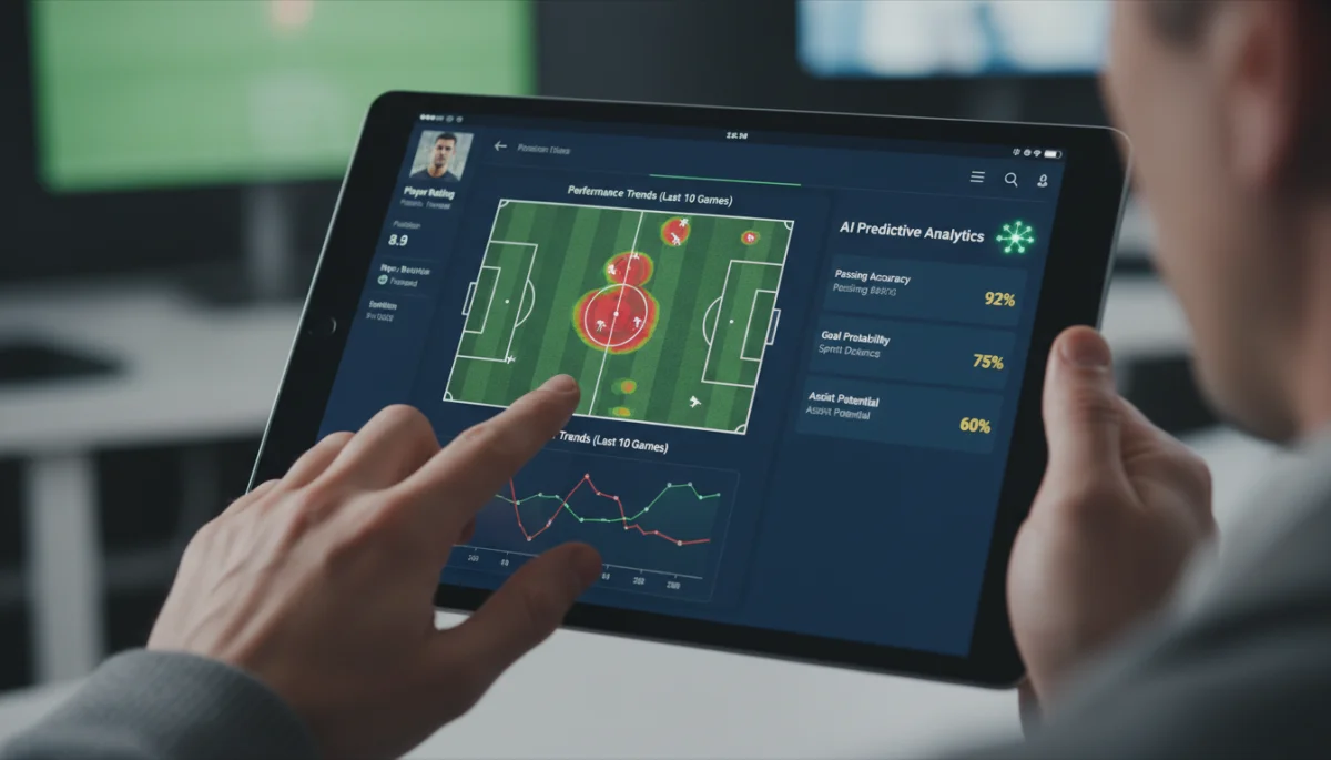 Tablet screen showing AI-enhanced player profile with performance metrics