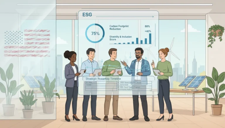 Diverse business team collaborating on ESG strategy roadmap for 2026 goals in a modern office