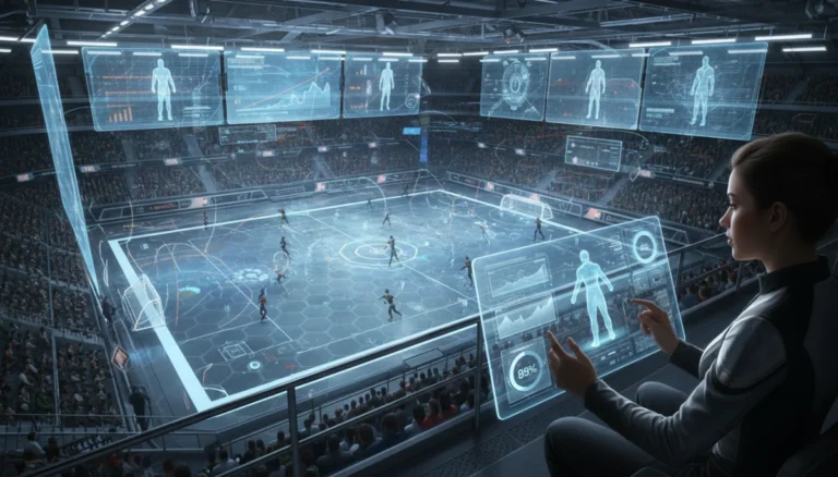 Coach analyzing player performance data with video analytics on a tablet in a futuristic stadium
