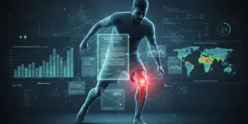 Football player with knee injury on a data analytics background, symbolizing transfer value assessment.
