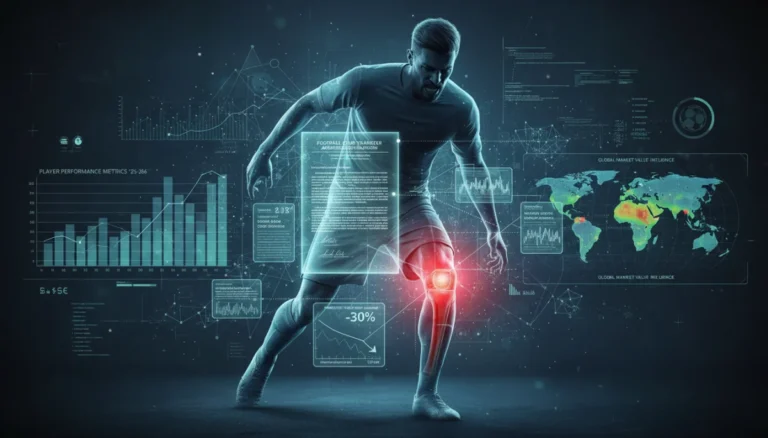 Football player with knee injury on a data analytics background, symbolizing transfer value assessment.